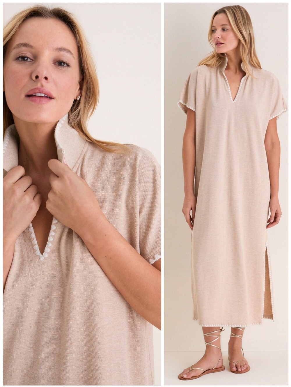Tuckernuck Pique Melissa Maxi Tan White Embroidered Polo Dress, S - Picture 2 of 16